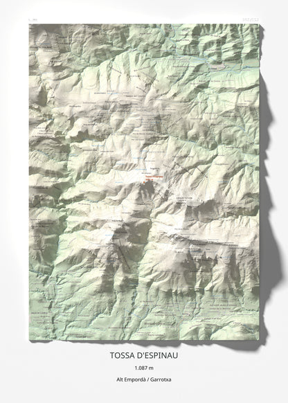 Mapa de relieve de Tossa d'Espinau, 1087 m, Alt Empordà · Garrotxa, lámina 100 Cims de Trobart 50 × 70 cm.