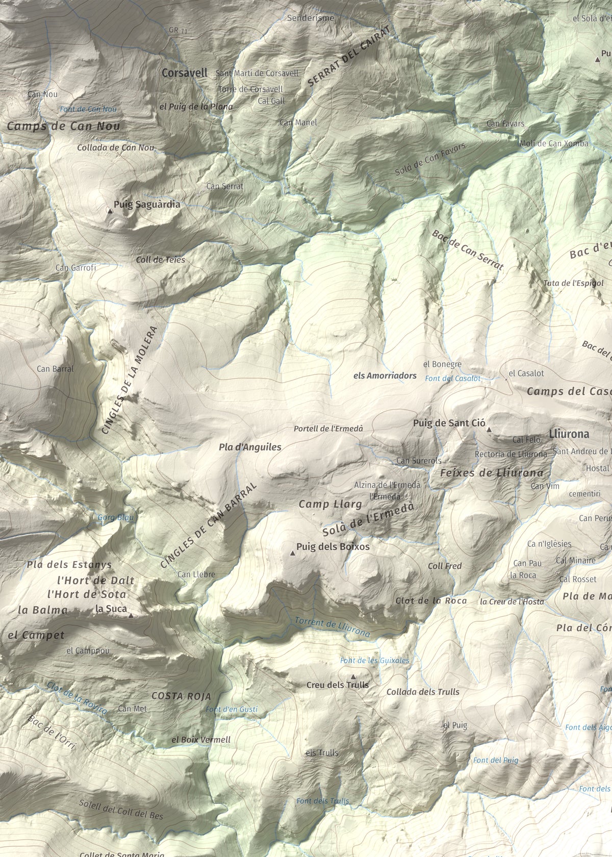 Mapa de relieve de Tossa d'Espinau, 1087 m, Alt Empordà · Garrotxa, lámina 100 Cims de Trobart. Detalle de la zona superior izquierda. 50 × 70 cm.