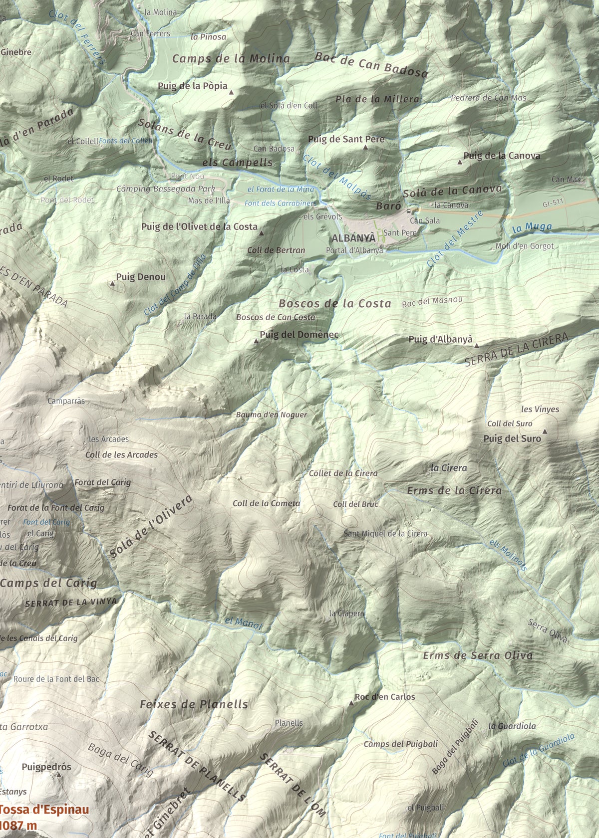 Mapa de relieve de Tossa d'Espinau, 1087 m, Alt Empordà · Garrotxa, lámina 100 Cims de Trobart. Detalle de la zona superior derecha. 50 × 70 cm.