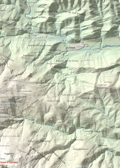 Mapa de relieve de Tossa d'Espinau, 1087 m, Alt Empordà · Garrotxa, lámina 100 Cims de Trobart. Detalle de la zona superior derecha. 50 × 70 cm.