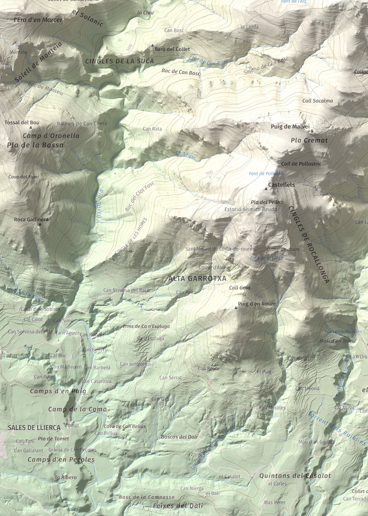 Mapa de relieve de Tossa d'Espinau, 1087 m, Alt Empordà · Garrotxa, lámina 100 Cims de Trobart. Detalle de la zona inferior izquierda. 50 × 70 cm.