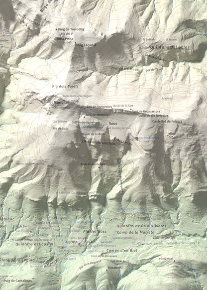 Mapa de relieve de Tossa d'Espinau, 1087 m, Alt Empordà · Garrotxa, lámina 100 Cims de Trobart. Detalle de la zona inferior derecha. 50 × 70 cm.