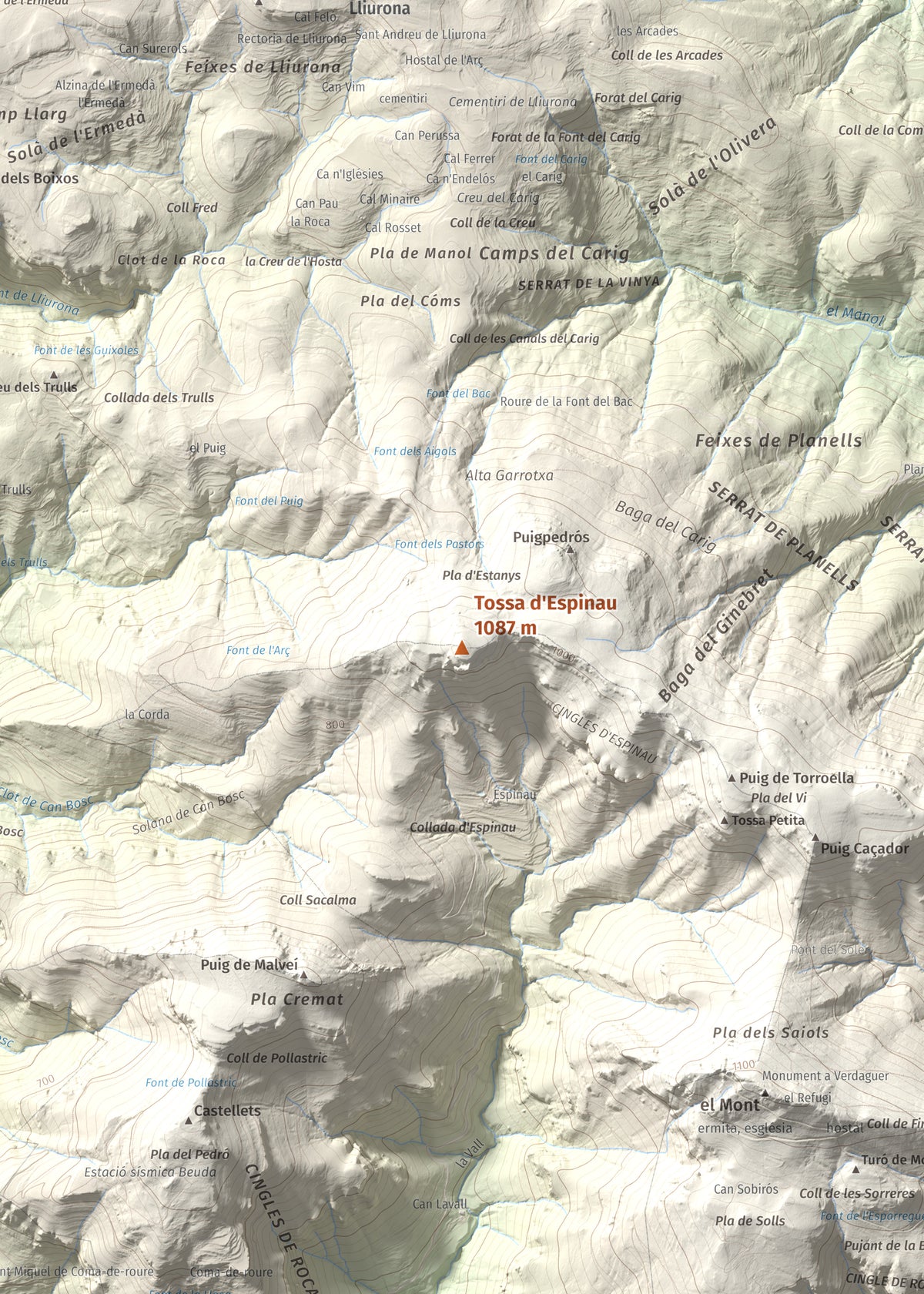 Mapa de relieve de Tossa d'Espinau, 1087 m, Alt Empordà · Garrotxa, lámina 100 Cims de Trobart. Detalle de la zona central. 50 × 70 cm.