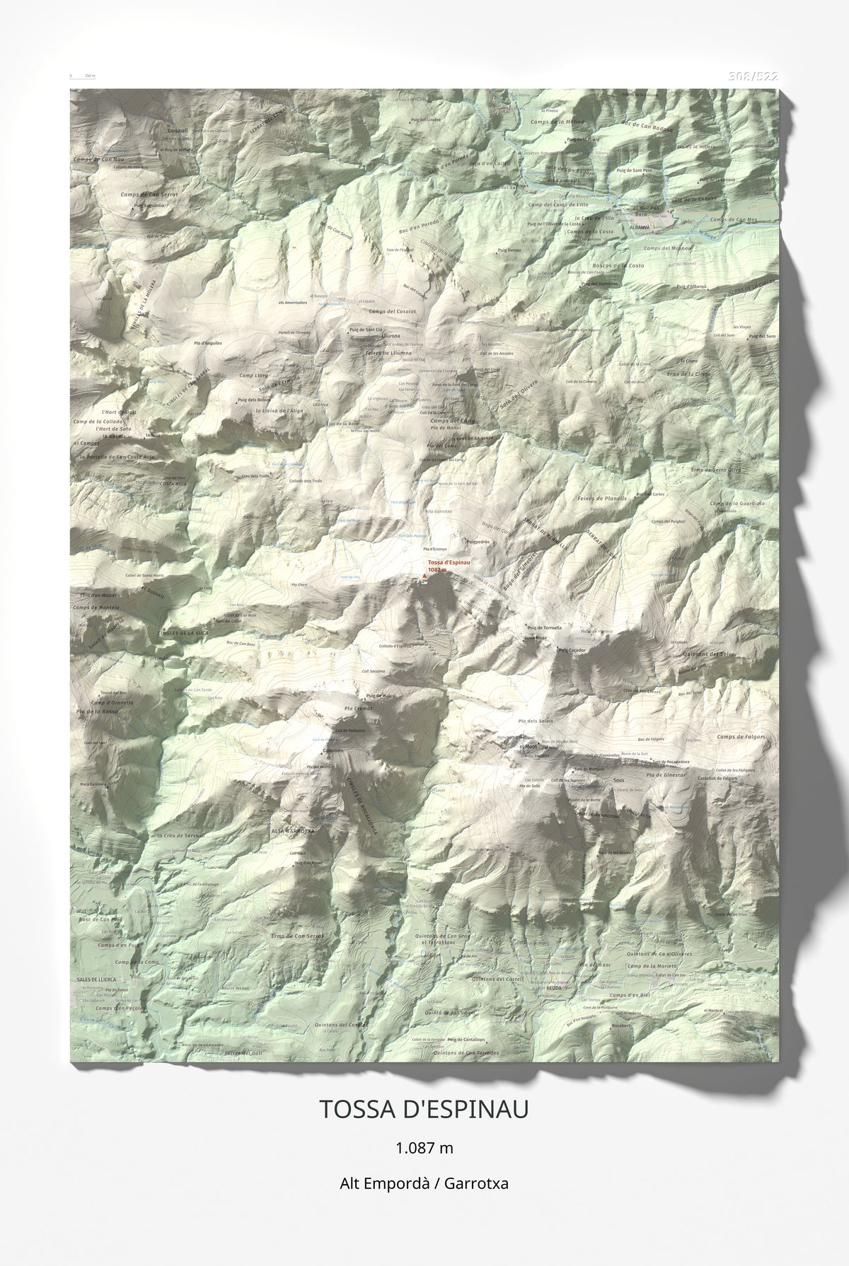 Mapa de relieve de Tossa d'Espinau, 1087 m, Alt Empordà · Garrotxa, lámina 100 Cims de Trobart 61 × 91 cm.