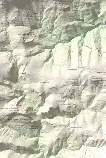 Mapa de relieve de Tossa d'Espinau, 1087 m, Alt Empordà · Garrotxa, lámina 100 Cims de Trobart. Detalle de la zona superior izquierda. 61 × 91 cm.