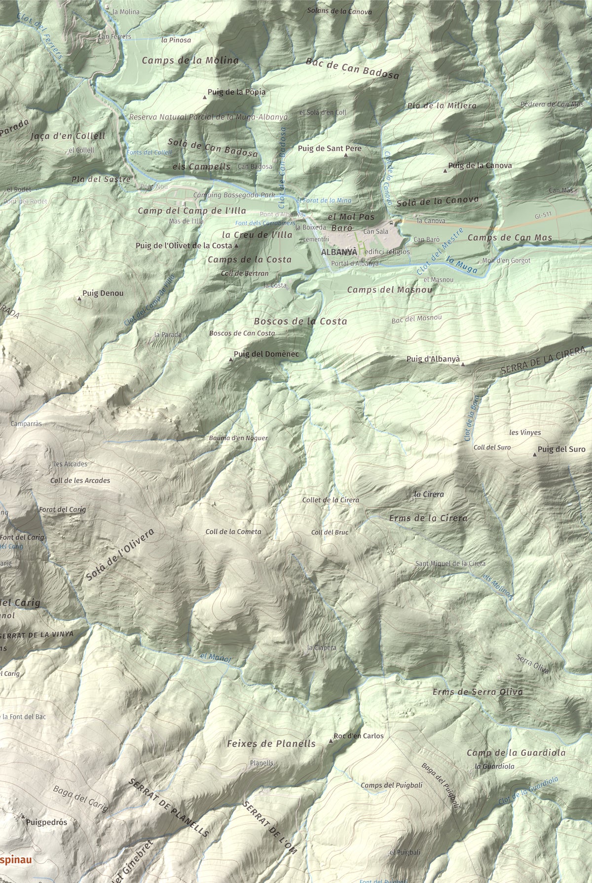 Mapa de relieve de Tossa d'Espinau, 1087 m, Alt Empordà · Garrotxa, lámina 100 Cims de Trobart. Detalle de la zona superior derecha. 61 × 91 cm.