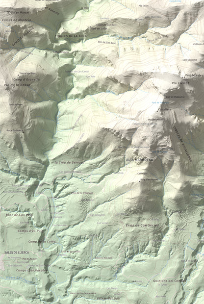 Mapa de relieve de Tossa d'Espinau, 1087 m, Alt Empordà · Garrotxa, lámina 100 Cims de Trobart. Detalle de la zona inferior izquierda. 61 × 91 cm.