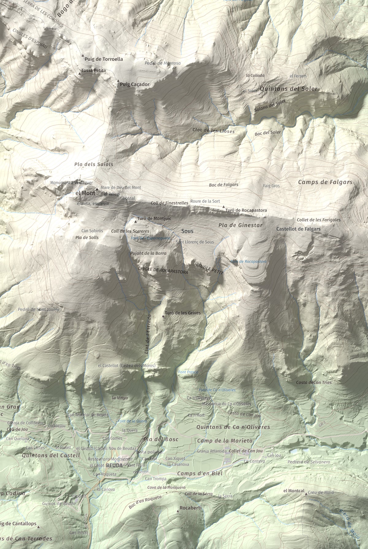 Mapa de relieve de Tossa d'Espinau, 1087 m, Alt Empordà · Garrotxa, lámina 100 Cims de Trobart. Detalle de la zona inferior derecha. 61 × 91 cm.
