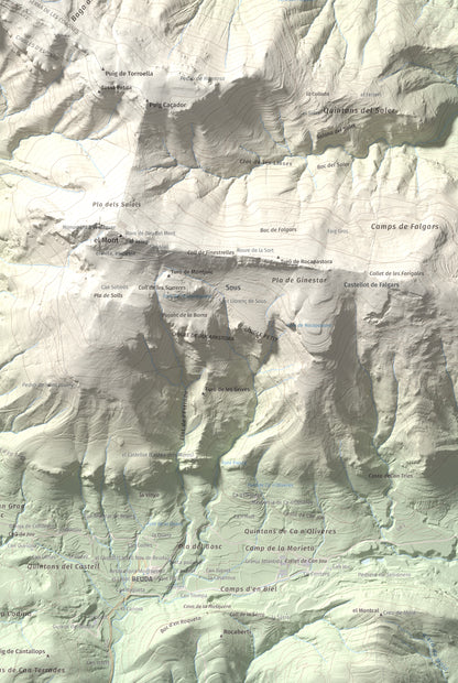 Mapa de relieve de Tossa d'Espinau, 1087 m, Alt Empordà · Garrotxa, lámina 100 Cims de Trobart. Detalle de la zona inferior derecha. 61 × 91 cm.