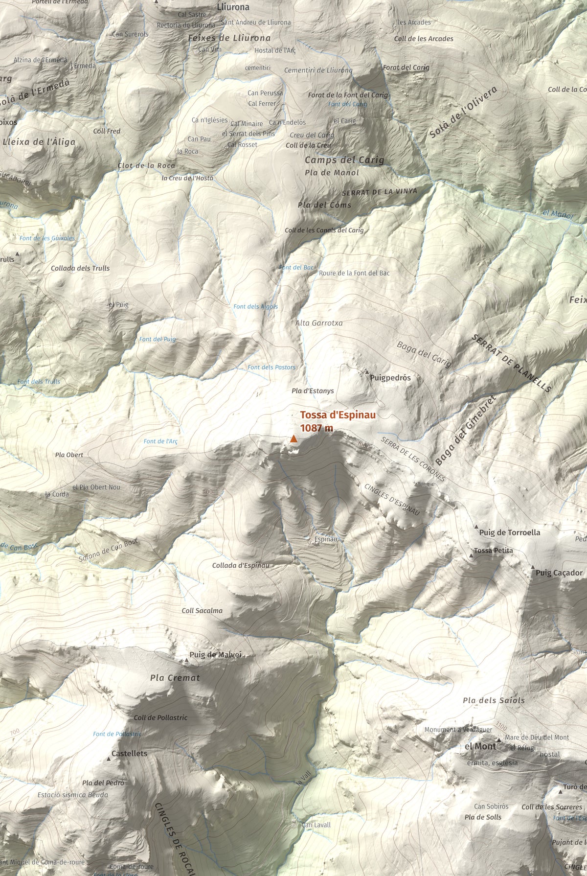 Mapa de relieve de Tossa d'Espinau, 1087 m, Alt Empordà · Garrotxa, lámina 100 Cims de Trobart. Detalle de la zona central. 61 × 91 cm.