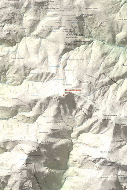 Mapa de relieve de Tossa d'Espinau, 1087 m, Alt Empordà · Garrotxa, lámina 100 Cims de Trobart. Detalle de la zona central. 61 × 91 cm.