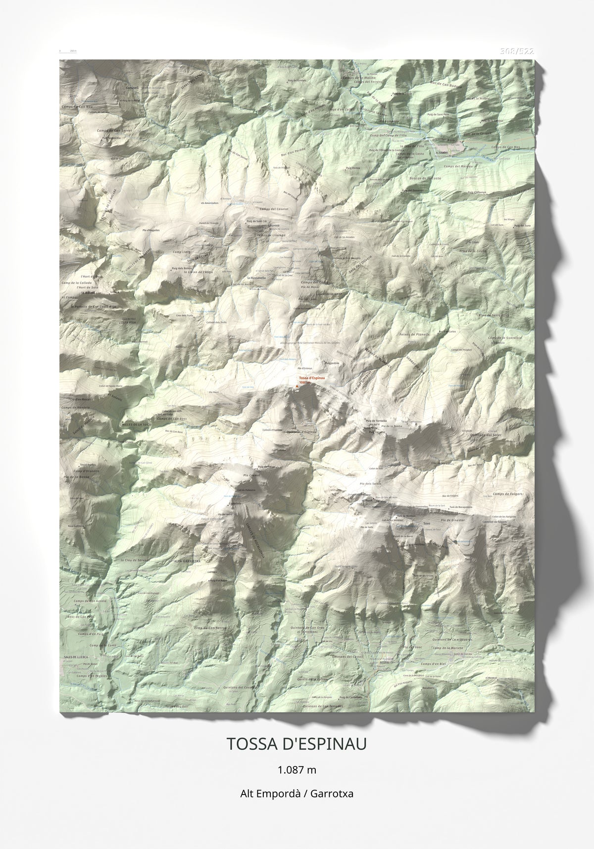Mapa de relieve de Tossa d'Espinau, 1087 m, Alt Empordà · Garrotxa, lámina 100 Cims de Trobart 70 × 100 cm.