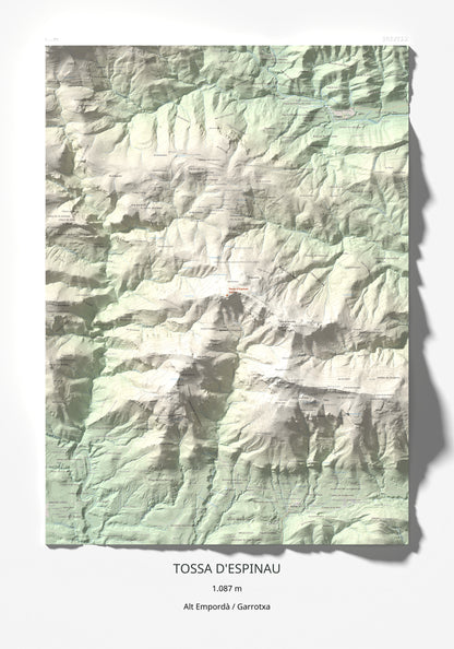 Mapa de relieve de Tossa d'Espinau, 1087 m, Alt Empordà · Garrotxa, lámina 100 Cims de Trobart 70 × 100 cm.