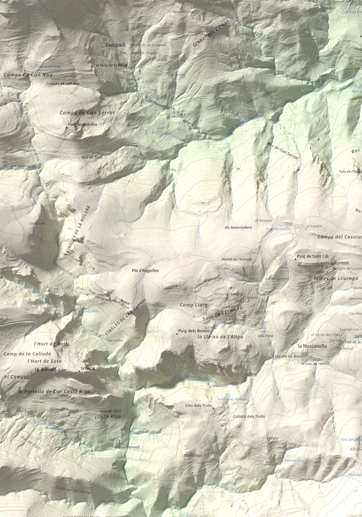 Mapa de relieve de Tossa d'Espinau, 1087 m, Alt Empordà · Garrotxa, lámina 100 Cims de Trobart. Detalle de la zona superior izquierda. 70 × 100 cm.