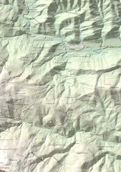 Mapa de relieve de Tossa d'Espinau, 1087 m, Alt Empordà · Garrotxa, lámina 100 Cims de Trobart. Detalle de la zona superior derecha. 70 × 100 cm.