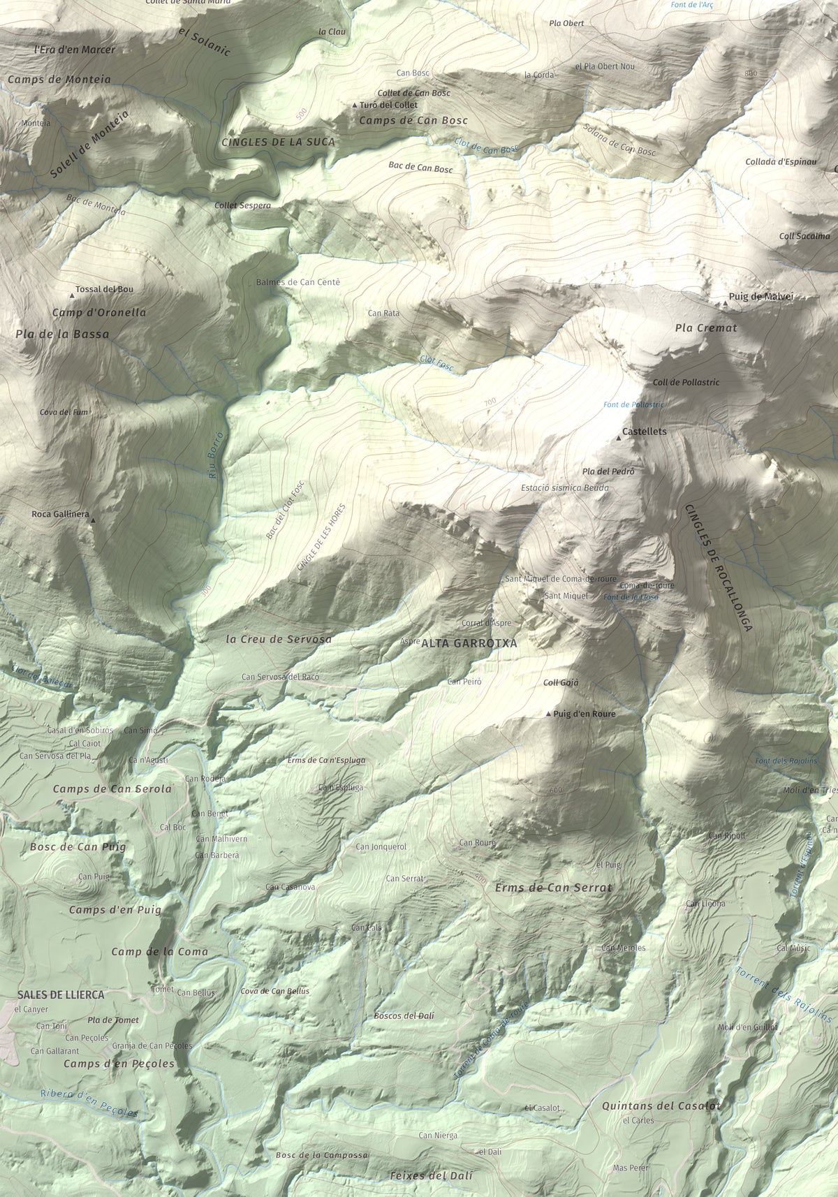 Mapa de relieve de Tossa d'Espinau, 1087 m, Alt Empordà · Garrotxa, lámina 100 Cims de Trobart. Detalle de la zona inferior izquierda. 70 × 100 cm.