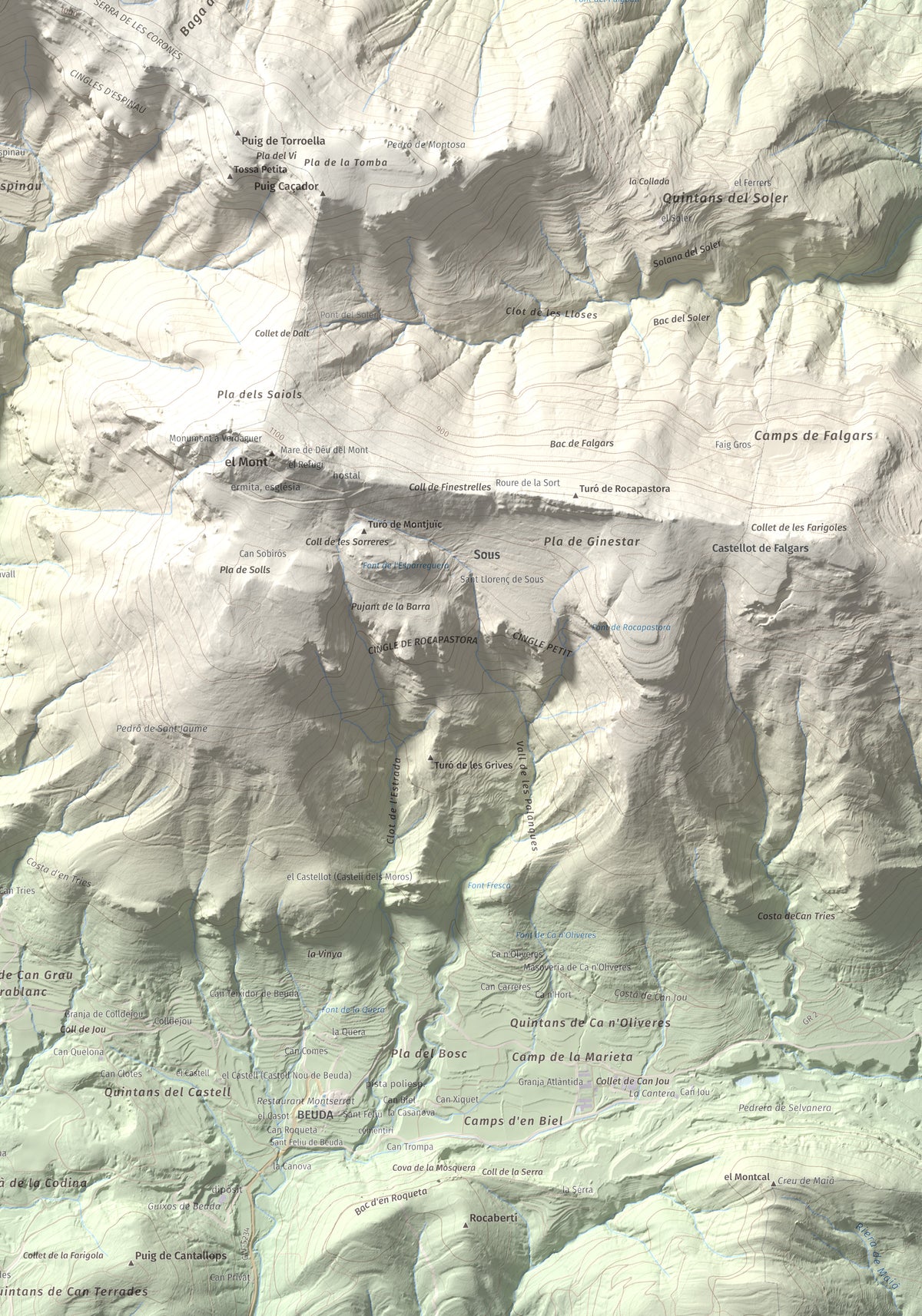 Mapa de relieve de Tossa d'Espinau, 1087 m, Alt Empordà · Garrotxa, lámina 100 Cims de Trobart. Detalle de la zona inferior derecha. 70 × 100 cm.