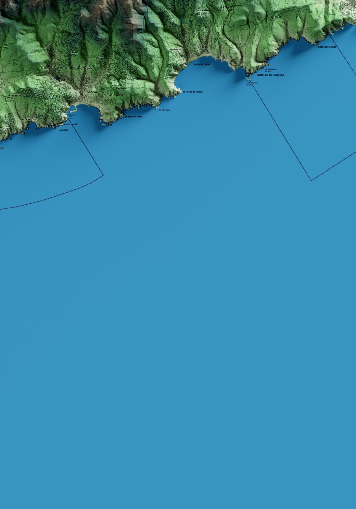 Mapa artístico del relieve de Tossa de Mar, a la Selva, con 15 km de entorno y base topográfica ICGC. Detalle de la zona inferior izquierda.