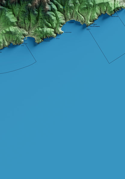 Mapa artístico del relieve de Tossa de Mar, a la Selva, con 15 km de entorno y base topográfica ICGC. Detalle de la zona inferior izquierda.