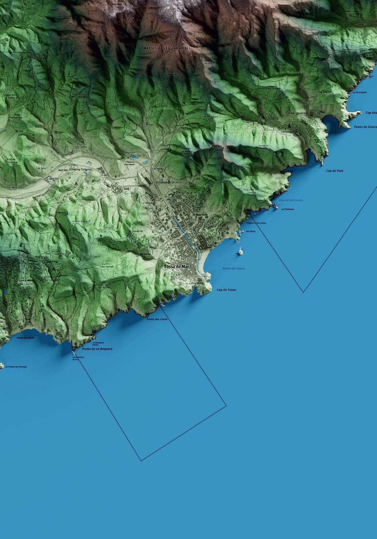 Mapa artístico del relieve de Tossa de Mar, a la Selva, con 15 km de entorno y base topográfica ICGC. Detalle de la zona central.
