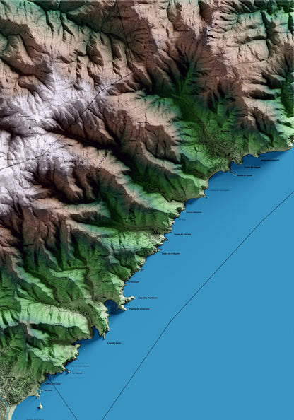 Mapa artístico del relieve de Tossa de Mar, a la Selva, con 15 km de entorno y base topográfica ICGC. Detalle de la zona superior derecha.
