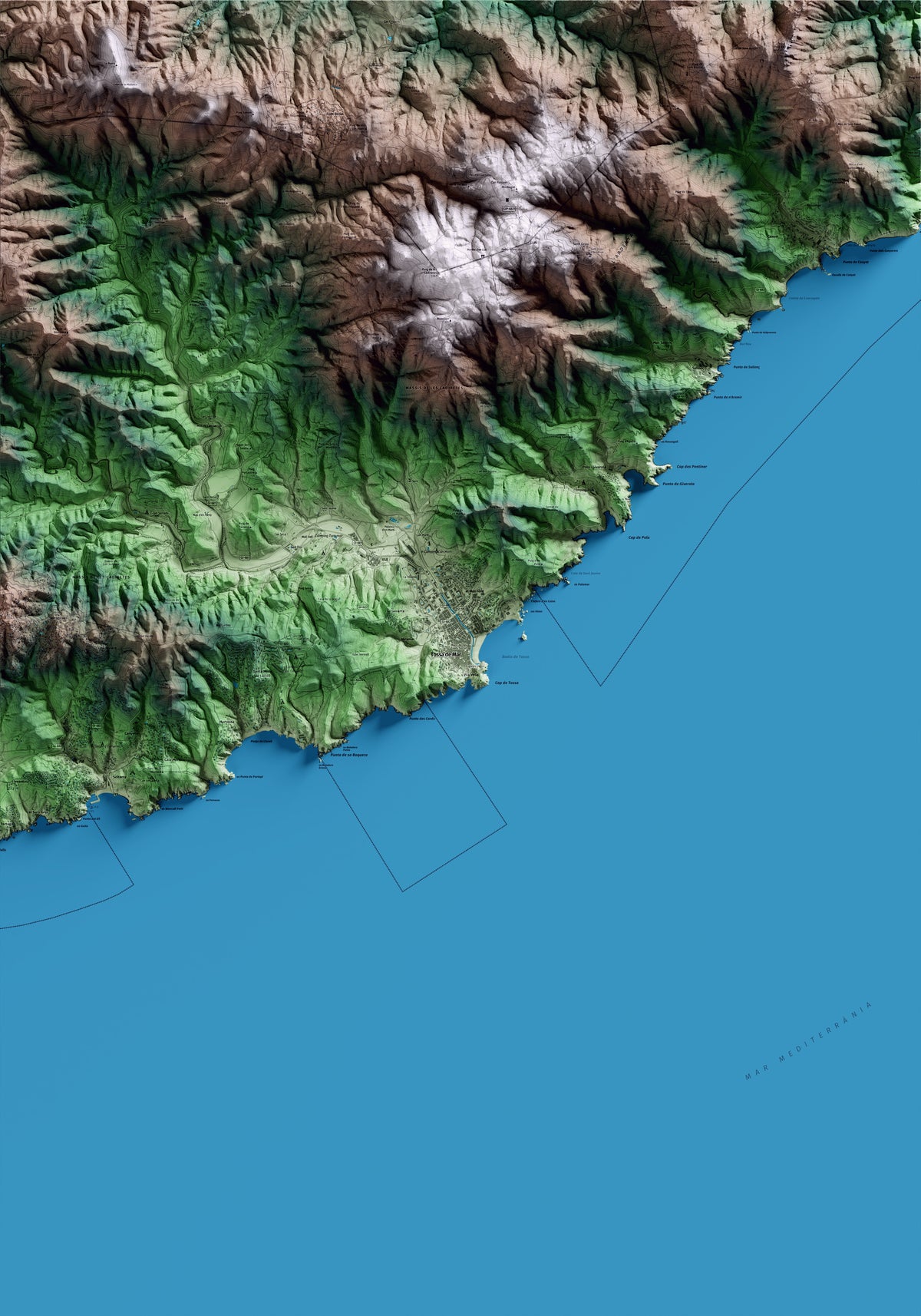 Mapa artístico del relieve de Tossa de Mar, a la Selva, con 15 km de entorno y base topográfica ICGC