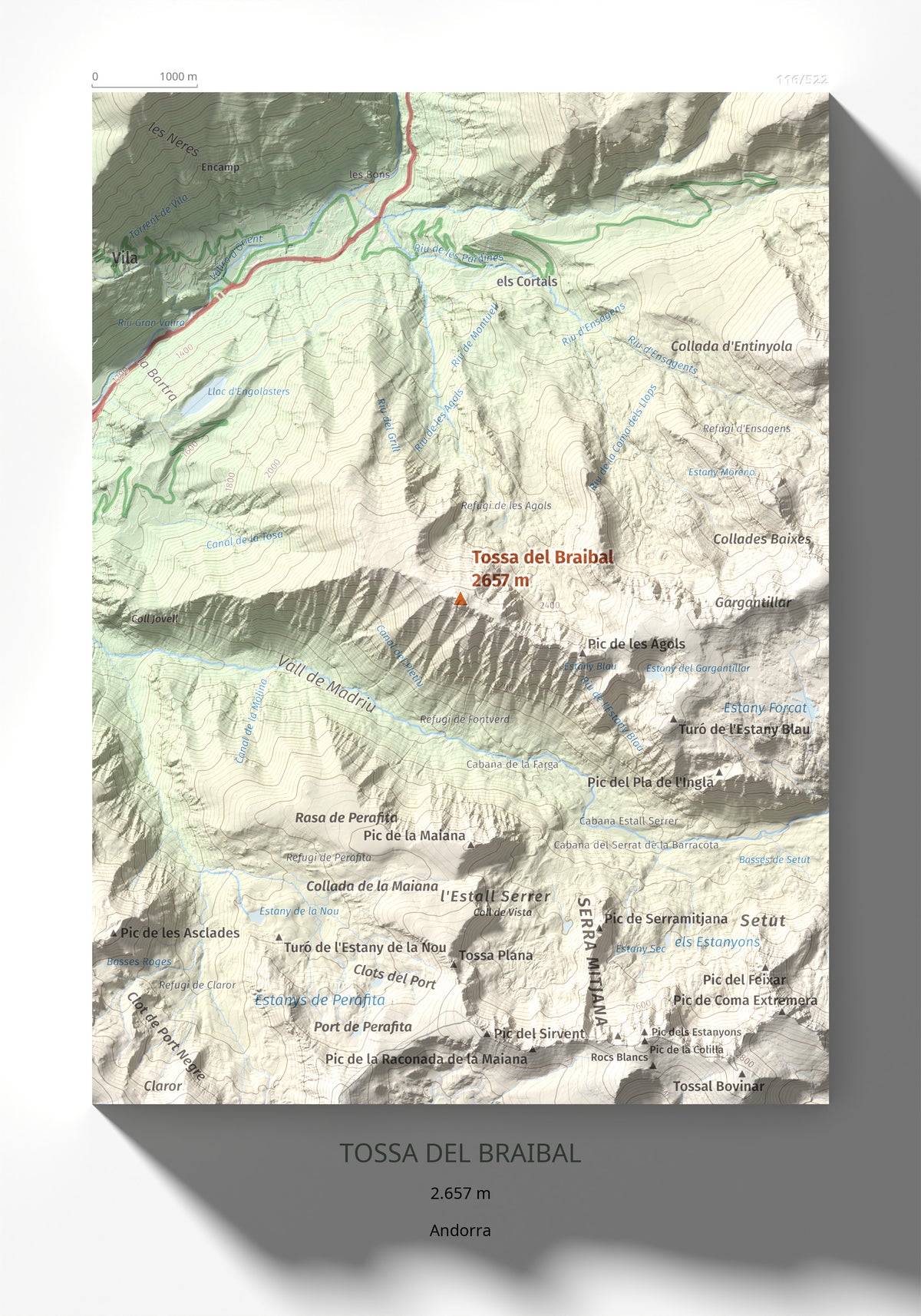 Mapa de relieve de Tossa del Braibal, 2657 m, Andorra, lámina 100 Cims de Trobart 21 × 30 cm.