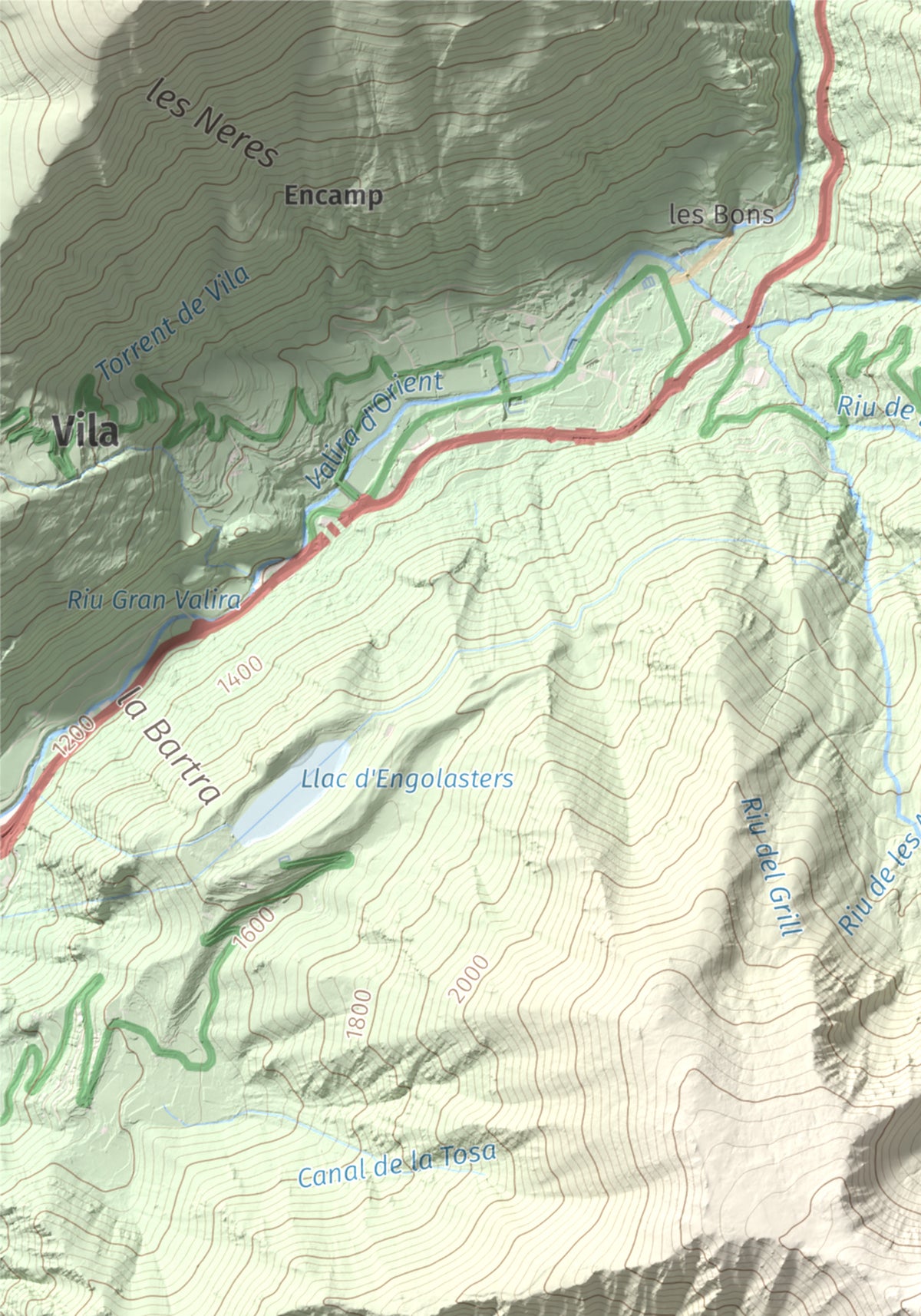 Mapa de relieve de Tossa del Braibal, 2657 m, Andorra, lámina 100 Cims de Trobart. Detalle de la zona superior izquierda. 21 × 30 cm.