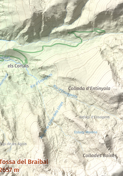 Mapa de relieve de Tossa del Braibal, 2657 m, Andorra, lámina 100 Cims de Trobart. Detalle de la zona superior derecha. 21 × 30 cm.