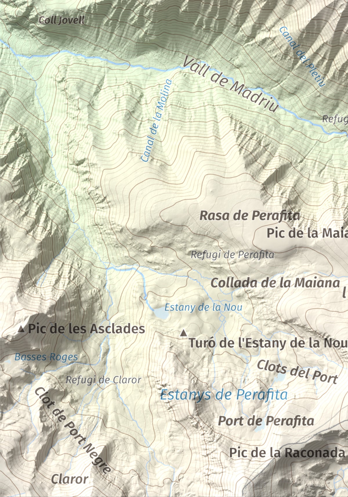 Mapa de relieve de Tossa del Braibal, 2657 m, Andorra, lámina 100 Cims de Trobart. Detalle de la zona inferior izquierda. 21 × 30 cm.