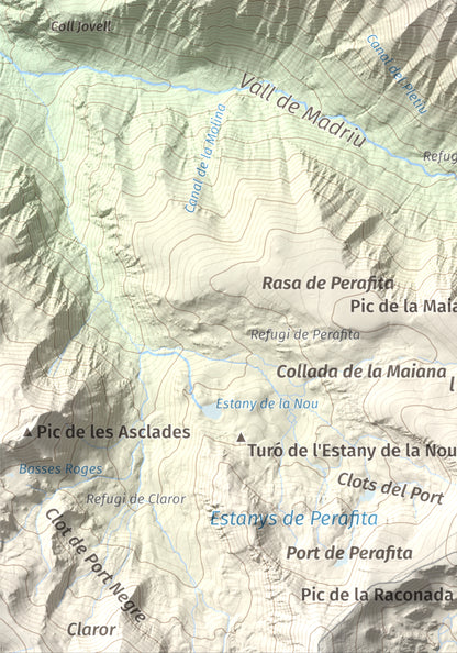 Mapa de relieve de Tossa del Braibal, 2657 m, Andorra, lámina 100 Cims de Trobart. Detalle de la zona inferior izquierda. 21 × 30 cm.