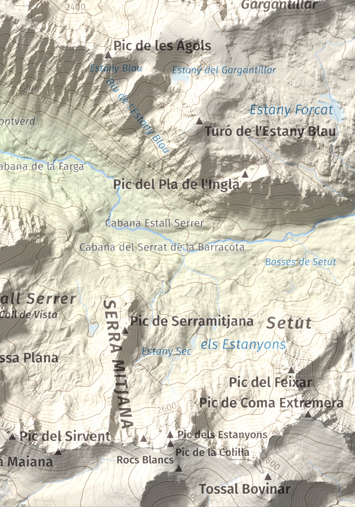 Mapa de relieve de Tossa del Braibal, 2657 m, Andorra, lámina 100 Cims de Trobart. Detalle de la zona inferior derecha. 21 × 30 cm.