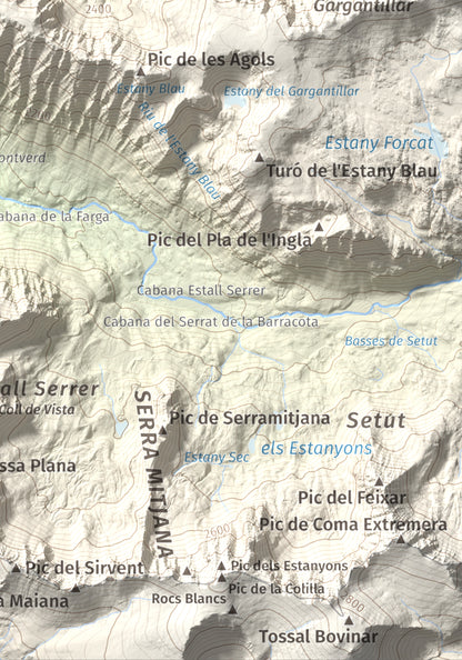 Mapa de relieve de Tossa del Braibal, 2657 m, Andorra, lámina 100 Cims de Trobart. Detalle de la zona inferior derecha. 21 × 30 cm.