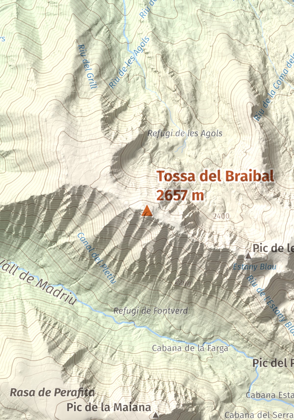 Mapa de relieve de Tossa del Braibal, 2657 m, Andorra, lámina 100 Cims de Trobart. Detalle de la zona central. 21 × 30 cm.