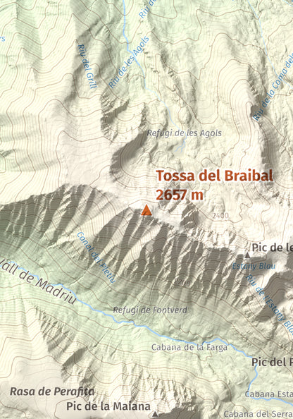 Mapa de relieve de Tossa del Braibal, 2657 m, Andorra, lámina 100 Cims de Trobart. Detalle de la zona central. 21 × 30 cm.