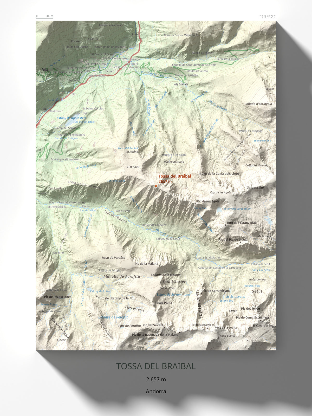 Mapa de relieve de Tossa del Braibal, 2657 m, Andorra, lámina 100 Cims de Trobart 30 × 40 cm.