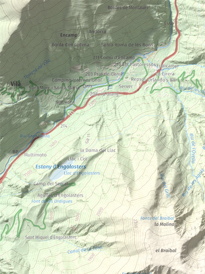 Mapa de relieve de Tossa del Braibal, 2657 m, Andorra, lámina 100 Cims de Trobart. Detalle de la zona superior izquierda. 30 × 40 cm.