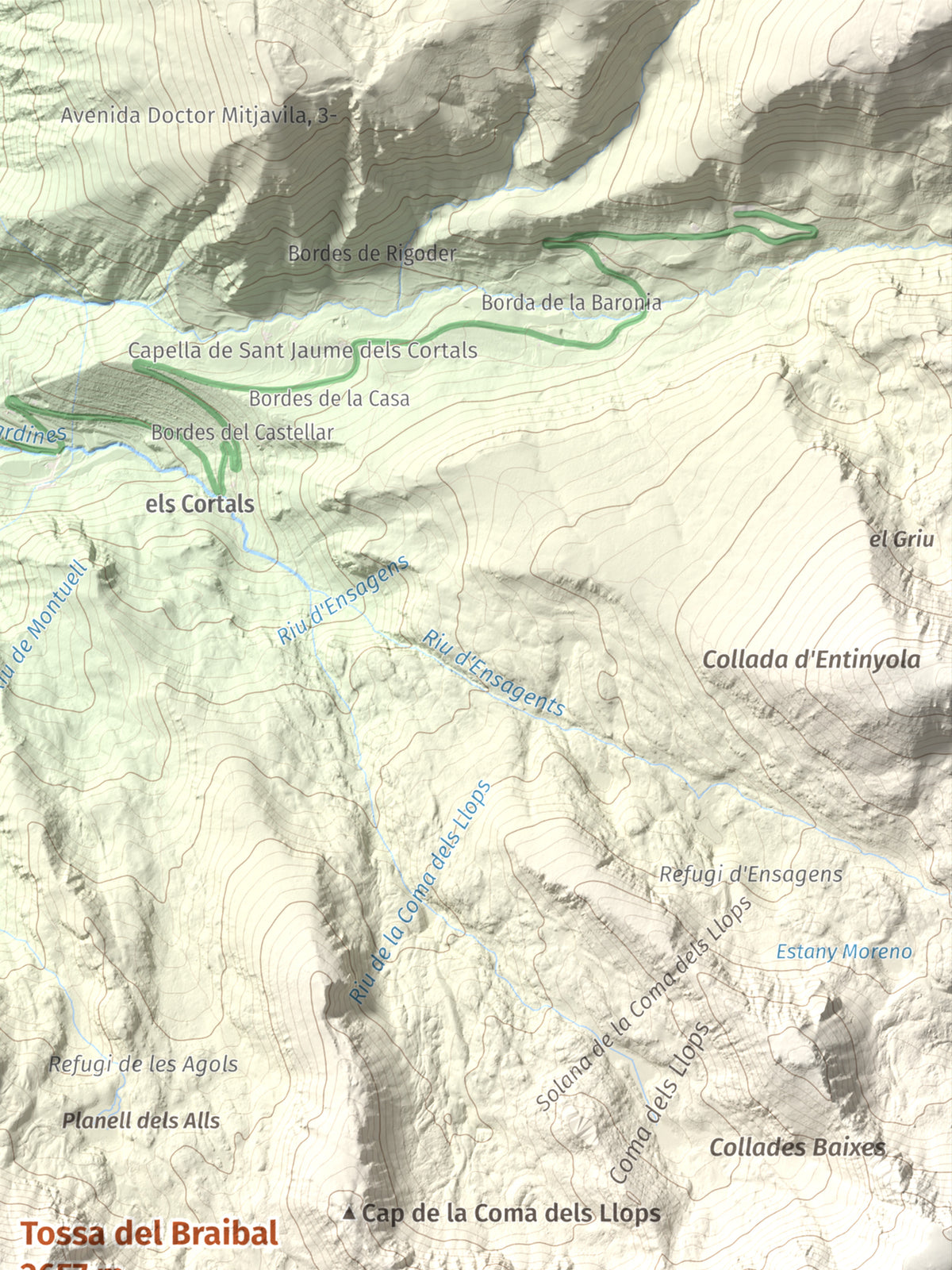 Mapa de relieve de Tossa del Braibal, 2657 m, Andorra, lámina 100 Cims de Trobart. Detalle de la zona superior derecha. 30 × 40 cm.