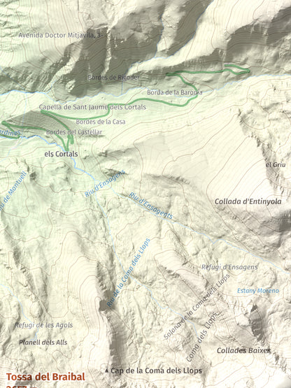 Mapa de relieve de Tossa del Braibal, 2657 m, Andorra, lámina 100 Cims de Trobart. Detalle de la zona superior derecha. 30 × 40 cm.