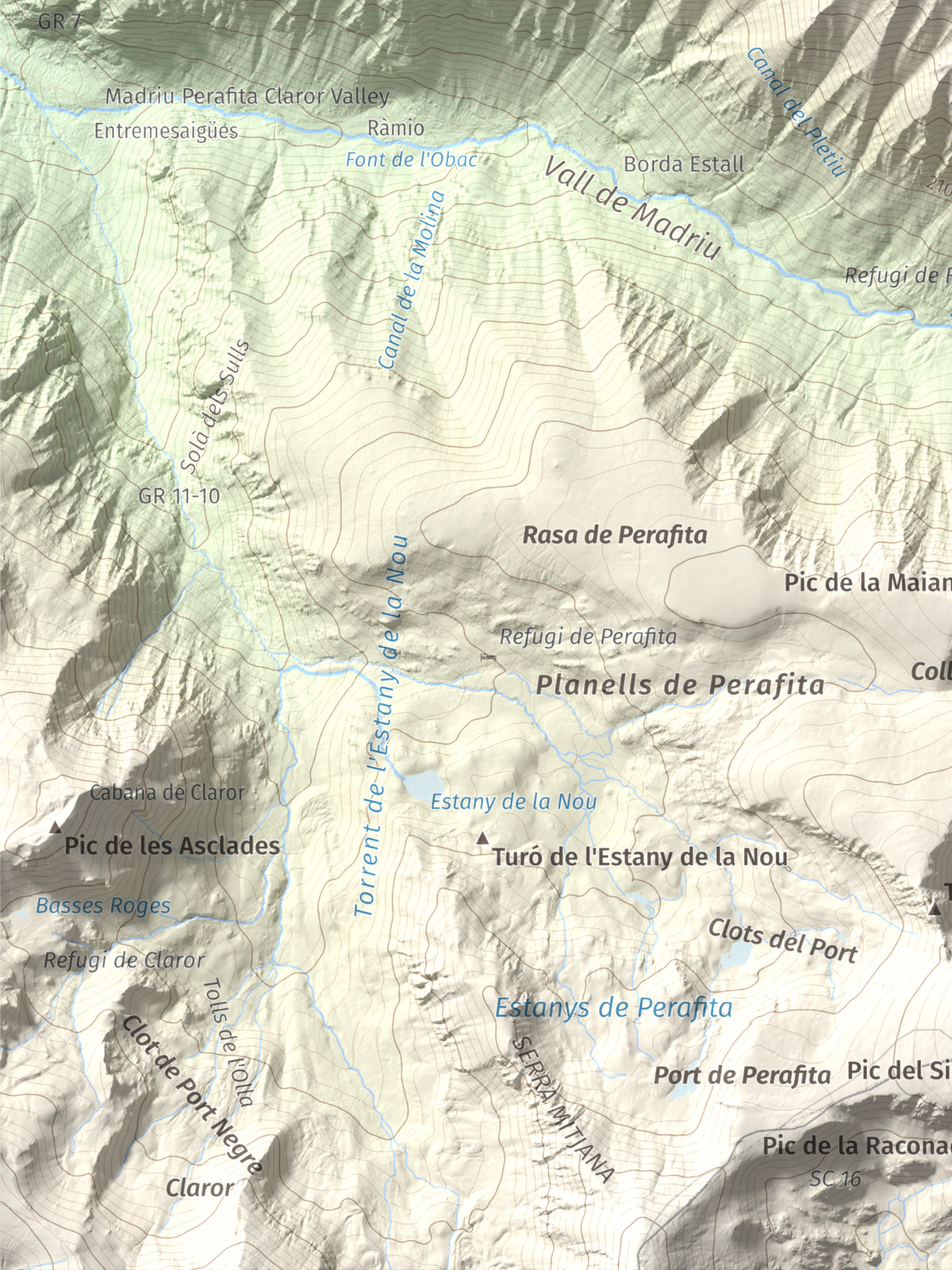 Mapa de relieve de Tossa del Braibal, 2657 m, Andorra, lámina 100 Cims de Trobart. Detalle de la zona inferior izquierda. 30 × 40 cm.