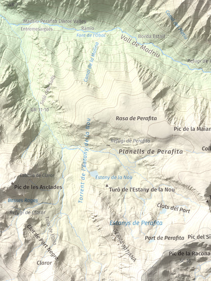 Mapa de relieve de Tossa del Braibal, 2657 m, Andorra, lámina 100 Cims de Trobart. Detalle de la zona inferior izquierda. 30 × 40 cm.