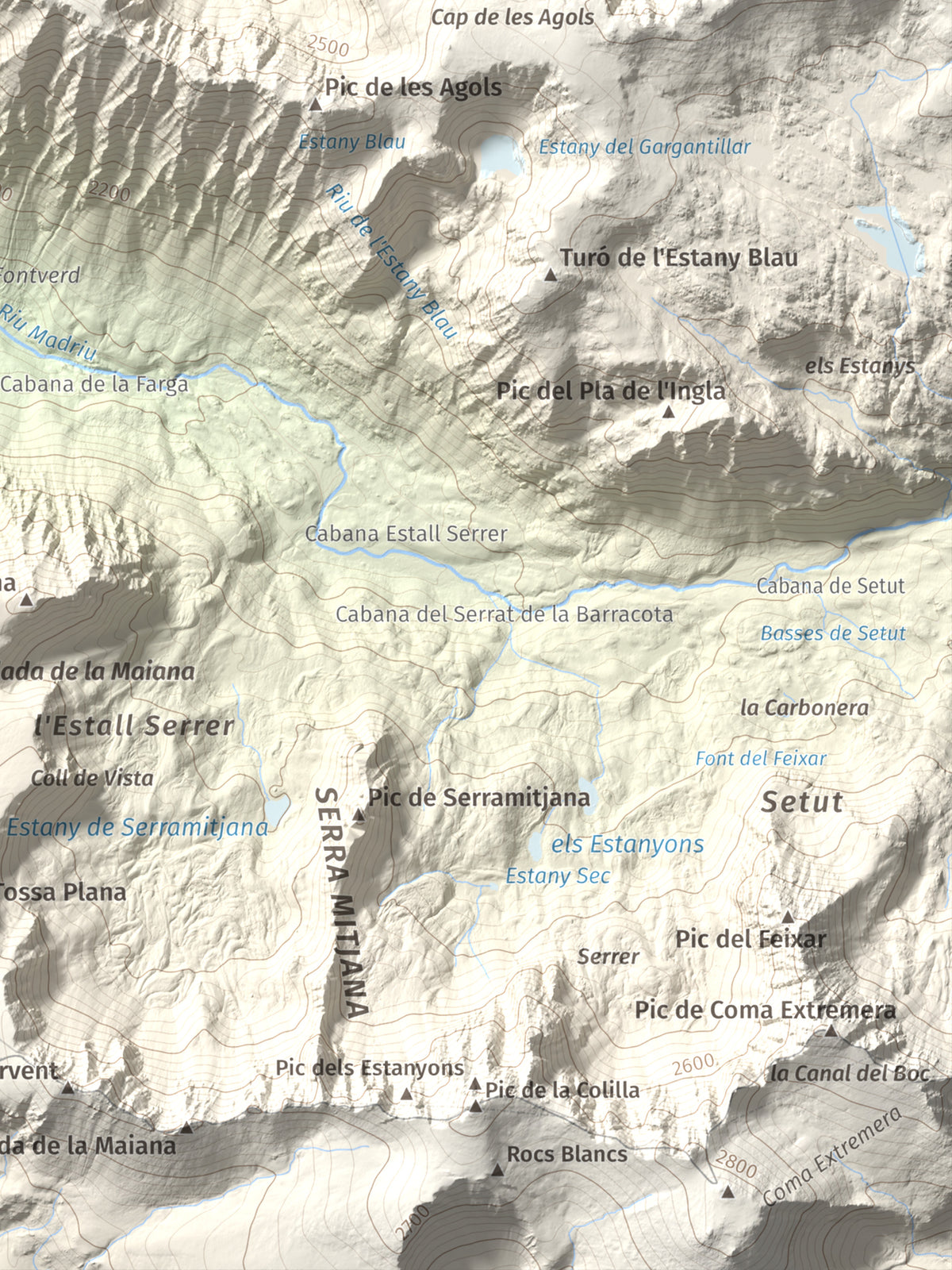 Mapa de relieve de Tossa del Braibal, 2657 m, Andorra, lámina 100 Cims de Trobart. Detalle de la zona inferior derecha. 30 × 40 cm.