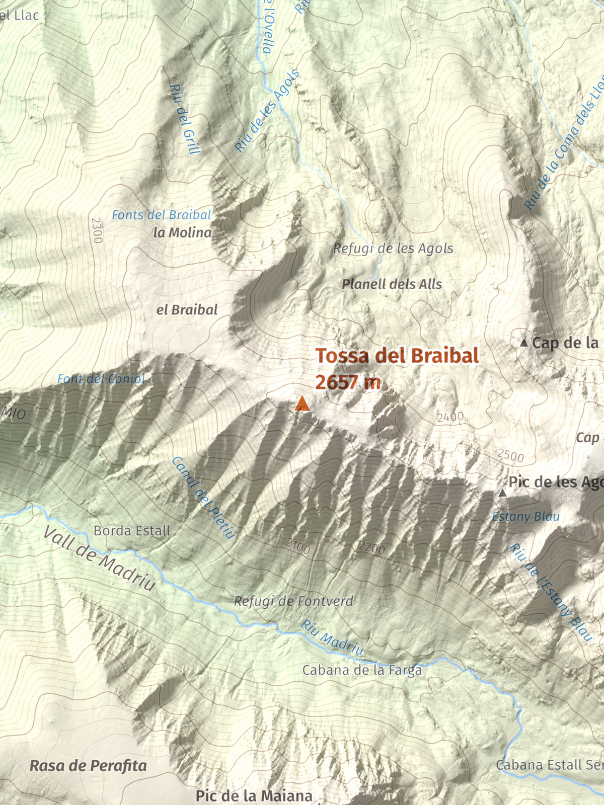 Mapa de relieve de Tossa del Braibal, 2657 m, Andorra, lámina 100 Cims de Trobart. Detalle de la zona central. 30 × 40 cm.
