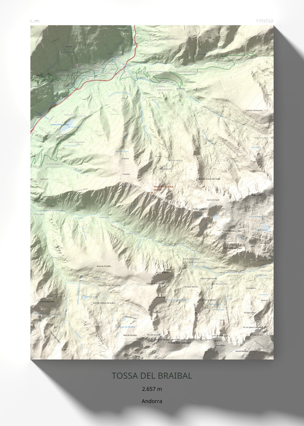 Mapa de relieve de Tossa del Braibal, 2657 m, Andorra, lámina 100 Cims de Trobart 50 × 70 cm.