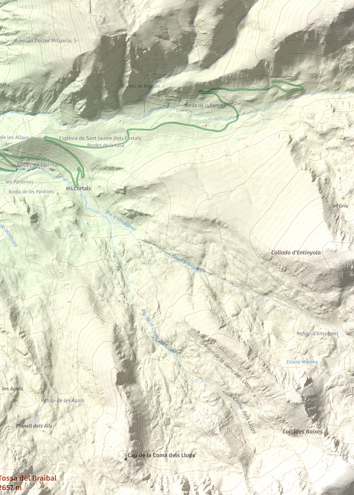 Mapa de relieve de Tossa del Braibal, 2657 m, Andorra, lámina 100 Cims de Trobart. Detalle de la zona superior derecha. 50 × 70 cm.