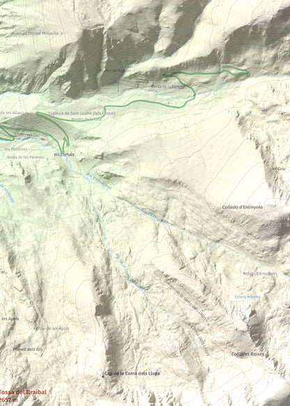 Mapa de relieve de Tossa del Braibal, 2657 m, Andorra, lámina 100 Cims de Trobart. Detalle de la zona superior derecha. 50 × 70 cm.