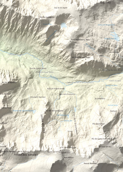 Mapa de relieve de Tossa del Braibal, 2657 m, Andorra, lámina 100 Cims de Trobart. Detalle de la zona inferior derecha. 50 × 70 cm.
