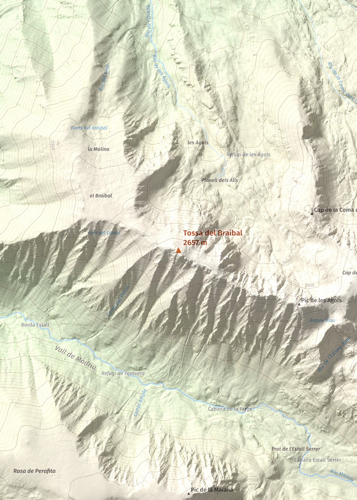 Mapa de relieve de Tossa del Braibal, 2657 m, Andorra, lámina 100 Cims de Trobart. Detalle de la zona central. 50 × 70 cm.