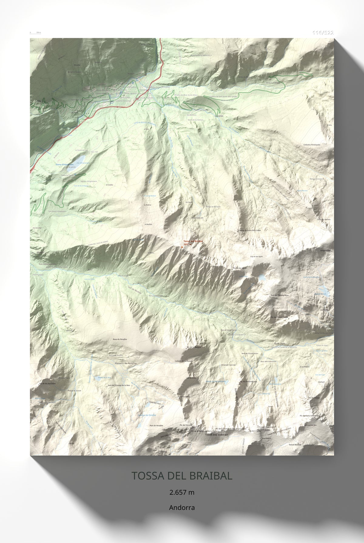 Mapa de relieve de Tossa del Braibal, 2657 m, Andorra, lámina 100 Cims de Trobart 61 × 91 cm.