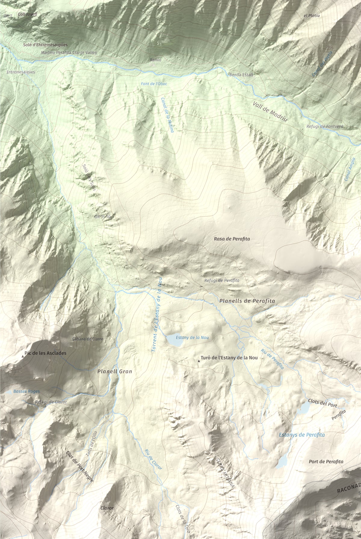 Mapa de relieve de Tossa del Braibal, 2657 m, Andorra, lámina 100 Cims de Trobart. Detalle de la zona inferior izquierda. 61 × 91 cm.
